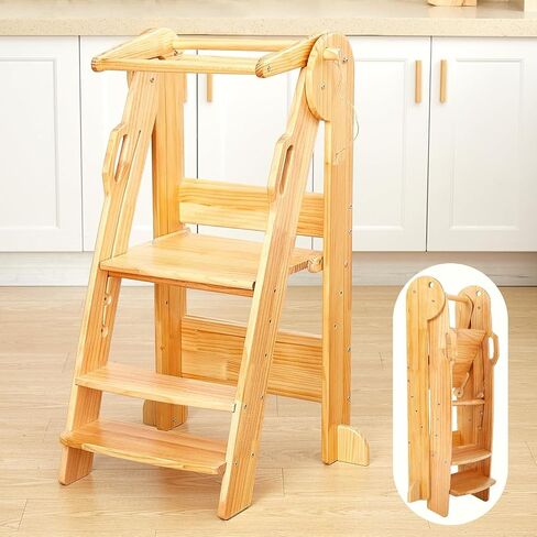 FUNLIO Foldable Kitchen Step Stool, Montessori Step Stool for Kids 2-6 Years, 3-Level Height Adjustable Standing Tower, CPC & CE, Easy to Assemble, Natural in Saudi Arabia