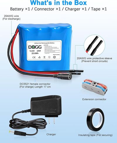 12V 2000mAh Rechargeable Lithium Battery with 12.8V 1A Charger, 2000+Cycles | Bare Leads Wire Replacement Battery Pack for 12 Volt Devices DIY Projects, RC Car, Boat, Robot, LED Light Strip, CCTV Camera in Kuwait