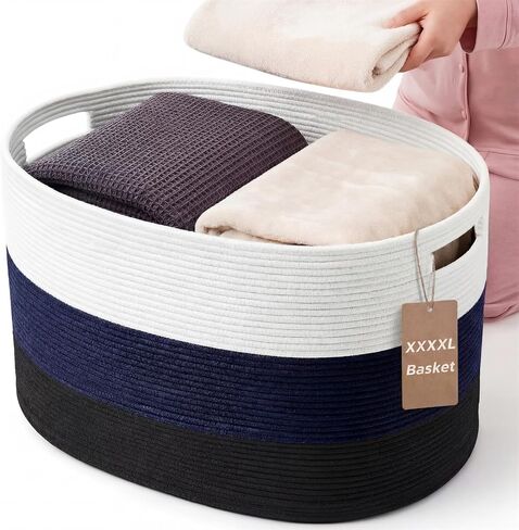 125l Jumbo Blanket Basket for Living Room, 25"x18"x17" XXXXL Cotton Rope Storage Basket with Handles, Extra Large Woven Laundry Hamper for Living Room, Laundry(White,Light Gray, Dark Gray) in Saudi Arabia