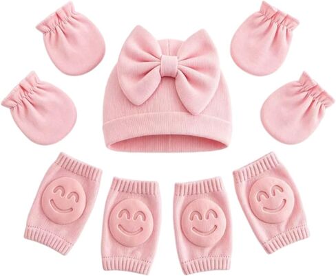 Baby Essentials Infant Beanie Bow Hats Soft Knit Cap, Newborn Mittens No Scratch Gloves/Crawling Anti-Slip Knee Kneepads in Kuwait