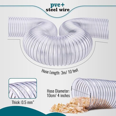 4" X 10' Dust Collection Flexible Hose with 4 In Clamp Heavy Duty Pvc Dust Debris and Fume Collection Hose for Dust Collection Systems, Clear Color in Saudi Arabia
