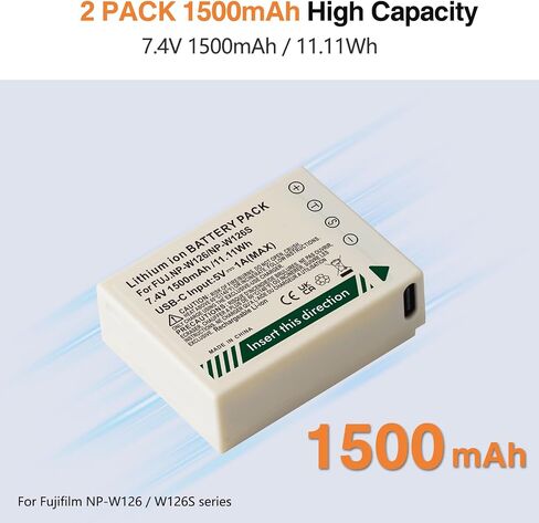 2-Pack NP-W126 Battery, 1500mAh USB-C NP-W126S Battery Compatible with Fujifilm X-T100, X-T200, X-S10, X-A3, X-A5, X-A10, X-E3, X-H1, X-Pro2, X-Pro3, X-T3, X-M1, XM5 Cameras in Kuwait