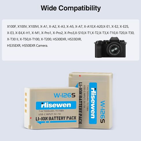 2-Pack NP-W126 Battery, 1500mAh USB-C NP-W126S Battery Compatible with Fujifilm X-T100, X-T200, X-S10, X-A3, X-A5, X-A10, X-E3, X-H1, X-Pro2, X-Pro3, X-T3, X-M1, XM5 Cameras in Kuwait