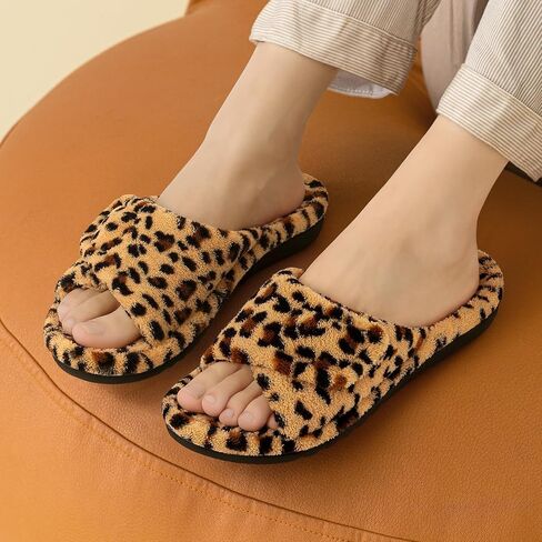 Orthopedic Slippers for Women with Arch Support Adjustable Open Toe House Shoes for Plantar Fasciitis, Leopard Brown 40 in Saudi Arabia