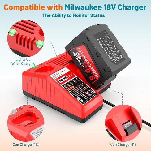 18V 9.0Ah Replacement for Milwaukee MK18 Battery and Charger Kit, Compatible with Milwaukee 48-11-1850 48-11-1840 48-11-1890 48-11-1815 MK12 MK18 Cordless Tools Charger Combo in Kuwait