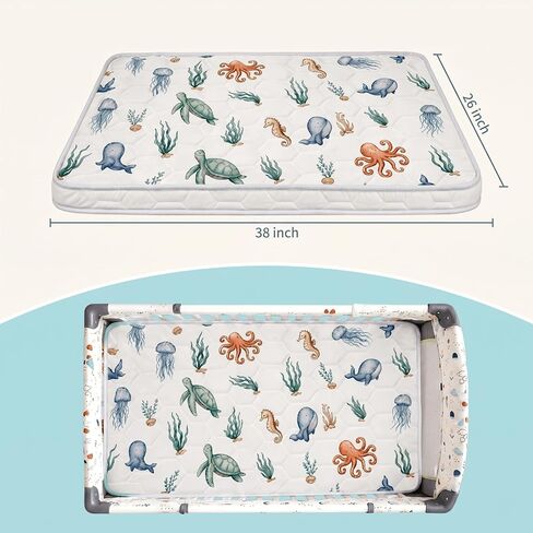 Pack and Play Mattress Pad 38x26x1.5, Ocean Animals Pack n Play Mattress for Baby Toddler, Breathable Firm Foam Playpen Mattress with Non-Slip Bottom, Portable Playard Mattress for Graco/Baby Trend in Kuwait