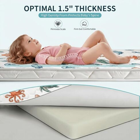 Pack and Play Mattress Pad 38x26x1.5, Ocean Animals Pack n Play Mattress for Baby Toddler, Breathable Firm Foam Playpen Mattress with Non-Slip Bottom, Portable Playard Mattress for Graco/Baby Trend in Kuwait
