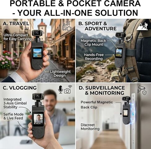 1080P Mini Body Cam with Audio and Video Recording, Portable Pocket Action Camera with Rotatable Lens, Handheld Vlog Camera for Outdoor Sports, Cycling, Travel Vlogging Gimbal Camera in Saudi Arabia