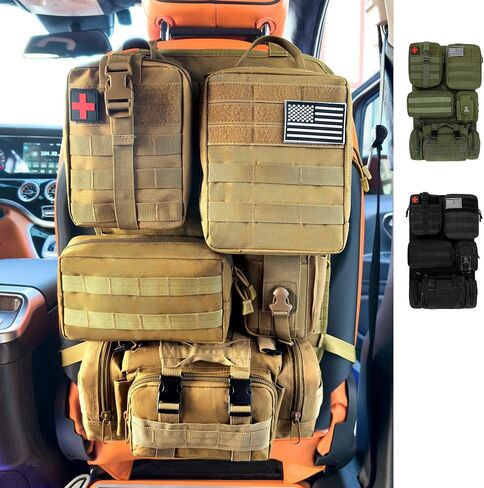 6 Pack Tactical MOLLE Car Seat Back Organizer - Universal Vehicle Storage Bag with 5 Detachable MOLLE Pouches, US Flag Patch, Fits Jeep, Truck, SUV, Car, Ford, Chevy, Toyota, Honda (KHAKI) in Saudi Arabia