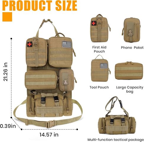 6 Pack Tactical MOLLE Car Seat Back Organizer - Universal Vehicle Storage Bag with 5 Detachable MOLLE Pouches, US Flag Patch, Fits Jeep, Truck, SUV, Car, Ford, Chevy, Toyota, Honda (KHAKI) in Saudi Arabia
