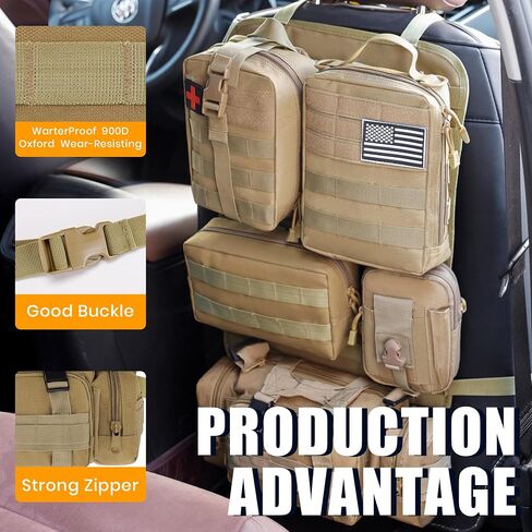 6 Pack Tactical MOLLE Car Seat Back Organizer - Universal Vehicle Storage Bag with 5 Detachable MOLLE Pouches, US Flag Patch, Fits Jeep, Truck, SUV, Car, Ford, Chevy, Toyota, Honda (KHAKI) in Saudi Arabia
