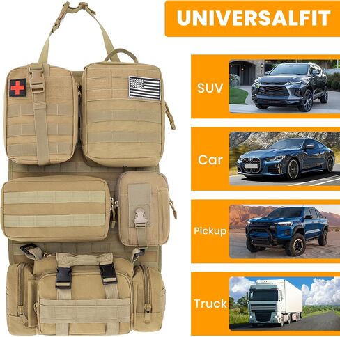 6 Pack Tactical MOLLE Car Seat Back Organizer - Universal Vehicle Storage Bag with 5 Detachable MOLLE Pouches, US Flag Patch, Fits Jeep, Truck, SUV, Car, Ford, Chevy, Toyota, Honda (KHAKI) in Saudi Arabia