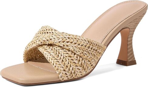Marc Ford Raffia Heeled Sandals for Women Stiletto Mule Heels Open Square Toe Braided Backless Slip On Vacation Resort Wear in Kuwait