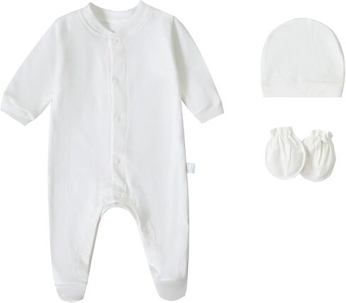 Baby Rompers 0~3 to 3-6 Months 100% Cotton Footies 3PCS Jumpsuit with Solid Hats Mittens Gloves in Saudi Arabia