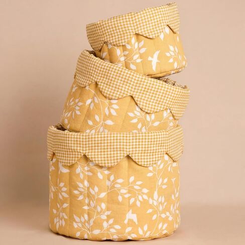 3 Set Boho Fabric Quilted Storage Basket Boho Nursery Laundry Basket Toddler Soft Cotton Collapsible Baby Hamper Yellow Floral Bird Print Toy Storage Bin for Home Car Bedroom Organizer in Saudi Arabia