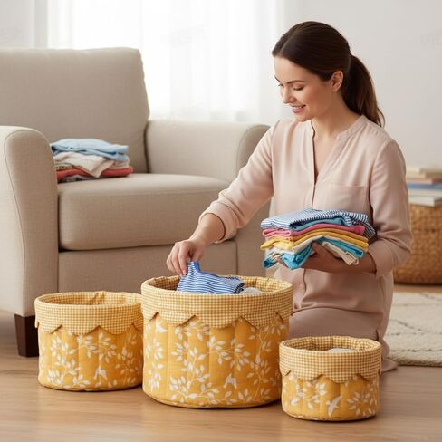 3 Set Boho Fabric Quilted Storage Basket Boho Nursery Laundry Basket Toddler Soft Cotton Collapsible Baby Hamper Yellow Floral Bird Print Toy Storage Bin for Home Car Bedroom Organizer in Saudi Arabia