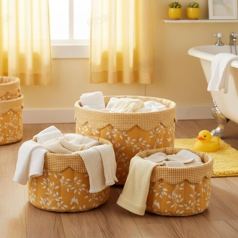 3 Set Boho Fabric Quilted Storage Basket Boho Nursery Laundry Basket Toddler Soft Cotton Collapsible Baby Hamper Yellow Floral Bird Print Toy Storage Bin for Home Car Bedroom Organizer in Saudi Arabia
