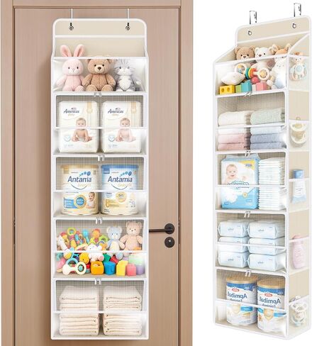 Univivi Over the Door Organizer for Baby Nursery, 5-Shelf, Light Beige | Quality Breathable Fabric, 5 Large Compartments with Mesh Pockets for Nursery, Laundry, and Bathroom in Saudi Arabia