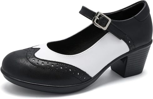 Women's Mary Jane Shoes (Merceditas Mujer), Block Heel Pumps with Oxford Brogue Detail, Vintage Wingtip Comfortable Faux Leather Dress Heels for Work & Business Casual in Kuwait