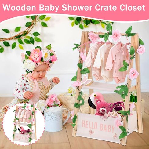 Double Layered Wooden Baby Shower Crate Closet Baby Storage Crate Hamper with Letters Garland and 10 Clothes Hangers Foldable Nursery Storage Crate for Girl Boy Pregnancy Gift in Saudi Arabia