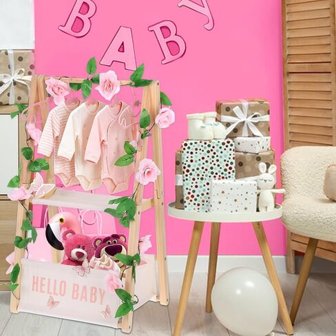Double Layered Wooden Baby Shower Crate Closet Baby Storage Crate Hamper with Letters Garland and 10 Clothes Hangers Foldable Nursery Storage Crate for Girl Boy Pregnancy Gift in Saudi Arabia