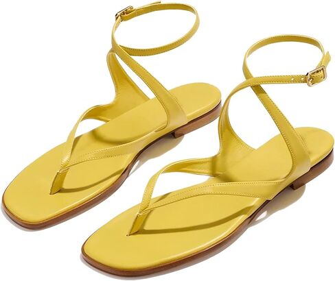 Strappy Flat Sandals for Women Square Toe Flat Thong Sandals | Cute Cross-Strap Flip Flops with Ankle Buckle Strap Comfortable Casual Summer Beach Sandals Daily Dress Shoes in Kuwait