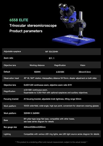MECHANIC 6558 Elite-B11 Trinocular Stereo Microscope 6.5X-58X Magnification 100mm Lift WF10X25 HD Wide-Angle Optical Eyepiece in Saudi Arabia