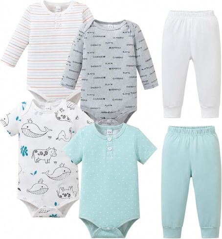 Jecson Baby Boy Clothes 6-Piece Onesies Outfit Soft Bodysuits and Pants Set | Soft sweatshirt fabric, top and pants feature rolled-edge trim for 12months-4t baby and toddler boys blue gray black green in Saudi Arabia