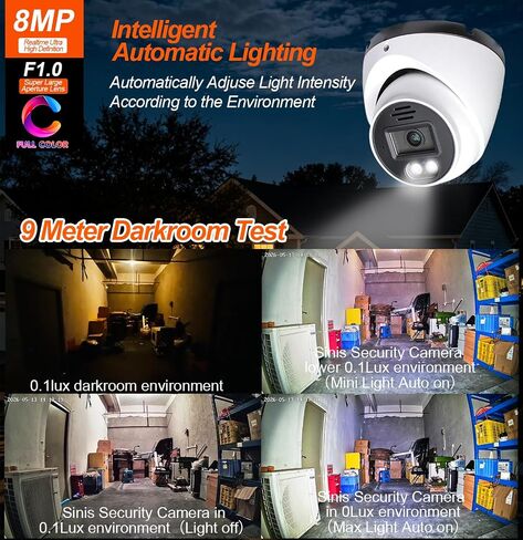 SINIS 4K PoE Security IP Camera, 8MP 24/7 Full Color Turret Camera Outdoor | Use Alone or With NVR,Ture Color Night Vision,F1.0 Super Aperture,Human Motion Detect,2-Way Talk,Up to 512G SD,Metal,IP67 in Kuwait
