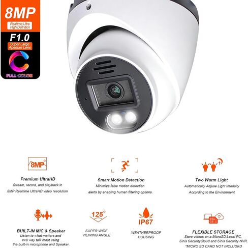 SINIS 4K PoE Security IP Camera, 8MP 24/7 Full Color Turret Camera Outdoor | Use Alone or With NVR,Ture Color Night Vision,F1.0 Super Aperture,Human Motion Detect,2-Way Talk,Up to 512G SD,Metal,IP67 in Kuwait