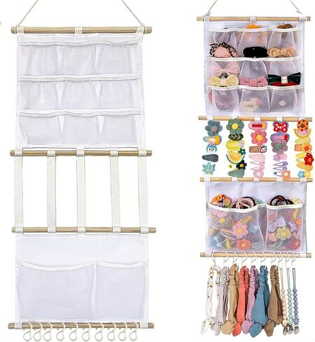 Macrame Boho Hair Claw Clip Organizer 6-Tier Large Capacity Mesh Bag | Scrunchies Holder and Hair Ties Boho Hair Accessories Wall Hanging pocket Holder for Toddler Baby Girl Nursery Room Décor in Saudi Arabia