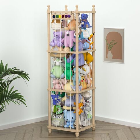 Stuffed Animal Storage Zoo, 65" Extra Large Wooden Plush Toy Organizer, Solid Pine Toy Holder with 3D Sign & Sturdy Base, Vertical Corner Stuffed Animal Cage for Nursery Playroom in Kuwait