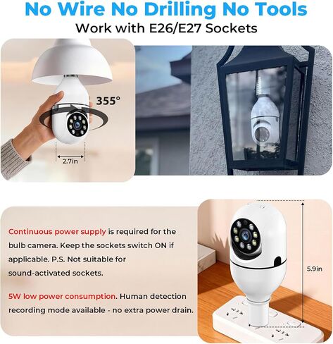 Light Bulb Security Camera 2 Packs, 5G&2.4GHz 2K Security Cameras Wireless Outdoor 360° PTZ Cameras for Home Security with Color Night Vision, 2 Way Talk, AI Human Detection, Screw in Light Socket in Saudi Arabia