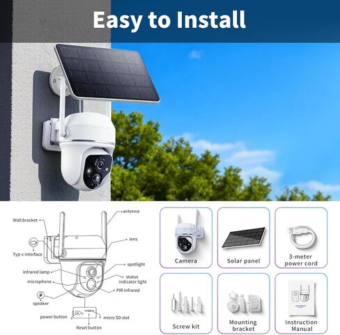 Goalake 3MP 2K Solar PTZ Security Camera, Battery Wireless Outdoor 360° View,AI Motion Detection,2-Way Talk,Spotlight Siren,IP65,No Monthly Fee,Cloud/up to 512GB SD Storage (Pre-Inserted a SD Card) in Saudi Arabia