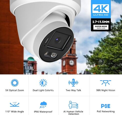 8MP 4K PoE IP Security Camera, H.265 Dome IP Camera with Smart Dual Light Colorvu, 5X Optical Zoom, Two Way Talk, SD Card Slot, 98ft Night Vision, 110°Wide Angle, Human/Vehicle Detection in Kuwait