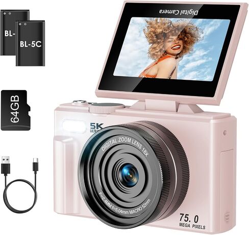LAMA 5K UHD 75MP Digital Camera for Photography - 18X Zoom, Autofocus, 32GB, Anti-Shake WiFi Vlogging Camera with Fill Light, 180 Flip Screen Compact Vlog Travel Camara for YouTube, Two Batteries in Saudi Arabia