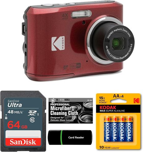 كاميرا Kodak PIXPRO FZ45 رقمية 16 ميجابكسل، تكبير بصري 4X 27 ملم زاوية واسعة 1080 بكسل فيديو عالي الدقة 2.7 بوصة كاميرا LCD (أحمر) + بطاقة وقارئ سعة 64 جيجابايت + بطاريات AA (4 عبوات) + قطعة قماش للتنظيف in Kuwait