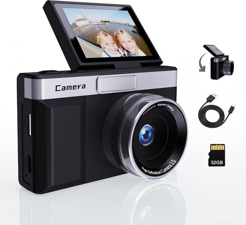 Black Digital Camera with 2" Flip Screen for Selfie, 1080P Point and Shoot Digital Camera with 32GB Card, 8X Zoom, Portable Vlogging Camera for Kids, Teens & Beginners in Saudi Arabia