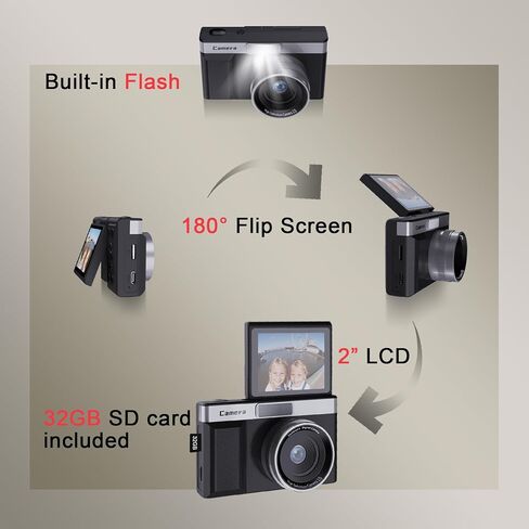 Black Digital Camera with 2" Flip Screen for Selfie, 1080P Point and Shoot Digital Camera with 32GB Card, 8X Zoom, Portable Vlogging Camera for Kids, Teens & Beginners in Saudi Arabia