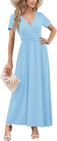 WEACZZY 2026 Summer Long Dresses for Women Wrap Empire Pleated Waist V Neck Short Sleeve Elegant Maxi Dress with Pockets in Saudi Arabia
