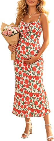 Maternity Midi Dress Spaghetti Strap Floral Tie Front Bodycon Gown | Soft floral maternity midi dress, thin spaghetti straps, tie bust mermaid hem, comfy for baby shower & pregnancy photos in Kuwait