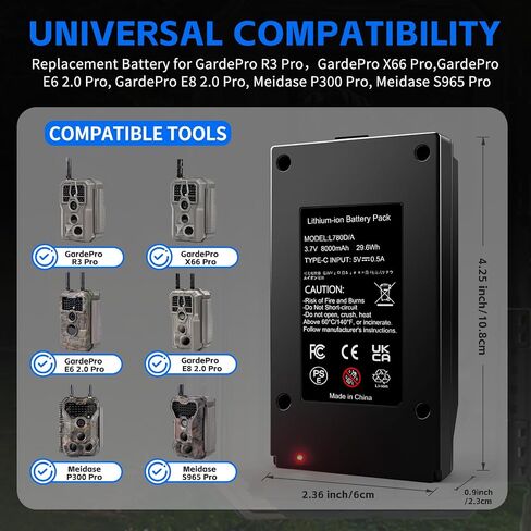8000mah Replacement Battery for GardePro Trail Cameras L780D Battery | Compatible with GardePro Trail Cameras,Models E6 2.0 Pro, E8 2.0 Pro, R3 Pro, X66 Pro, Meidase P300 Pro, S965 Pro in Kuwait