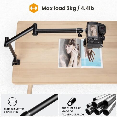 TARION Overhead Camera Desk Mount Stand 3 Section Articulating Arm TKB01 | 4.4 Pounds Load Capacity, 1/4" Screw Ballhead, Padded C Clamp, Dual-interface Base, for Videography Live Streaming in Saudi Arabia
