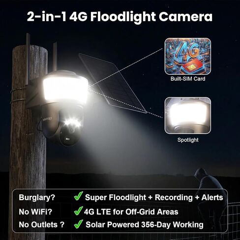 No WiFi Security Camera Outdoor with Powerful Spotlight, Color Night Vision | 4G LTE Cellular Solar Camera Outdoor Wireless, 2K Image, Phone Alert, Cloud/SD Storage, PTZ 360° View for Farm, Ranch, RV in Saudi Arabia