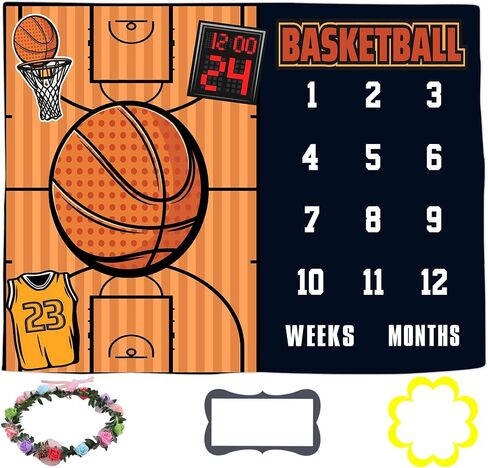 Basketball Milestone Blanket, Weekly Monthly Backdrop, 60x40Inch | Cartoon Basketball Court Mat, Growth Age Chart, for Newborn Photoshoot, Sports Theme Infant Photography Prop in Saudi Arabia