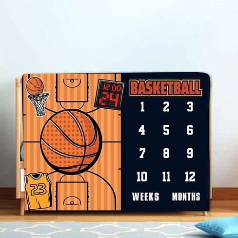 Basketball Milestone Blanket, Weekly Monthly Backdrop, 60x40Inch | Cartoon Basketball Court Mat, Growth Age Chart, for Newborn Photoshoot, Sports Theme Infant Photography Prop in Saudi Arabia