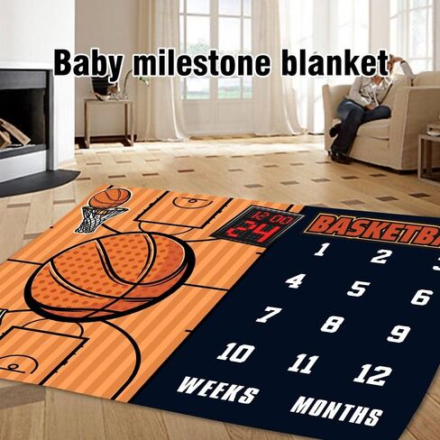 Basketball Milestone Blanket, Weekly Monthly Backdrop, 60x40Inch | Cartoon Basketball Court Mat, Growth Age Chart, for Newborn Photoshoot, Sports Theme Infant Photography Prop in Saudi Arabia