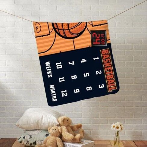 Basketball Milestone Blanket, Weekly Monthly Backdrop, 60x40Inch | Cartoon Basketball Court Mat, Growth Age Chart, for Newborn Photoshoot, Sports Theme Infant Photography Prop in Saudi Arabia