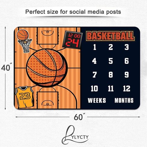 Basketball Milestone Blanket, Weekly Monthly Backdrop, 60x40Inch | Cartoon Basketball Court Mat, Growth Age Chart, for Newborn Photoshoot, Sports Theme Infant Photography Prop in Saudi Arabia