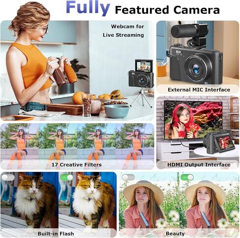 8K Digital Camera for Photography, 88MP WiFi Vlogging Camera for YouTube, 3" 180°Flip Screen & 18X Digital Zoom Autofocus Vlog Cameras with Lens Cap, 32GB Card, 2 Batteries, Gunmetal in Kuwait